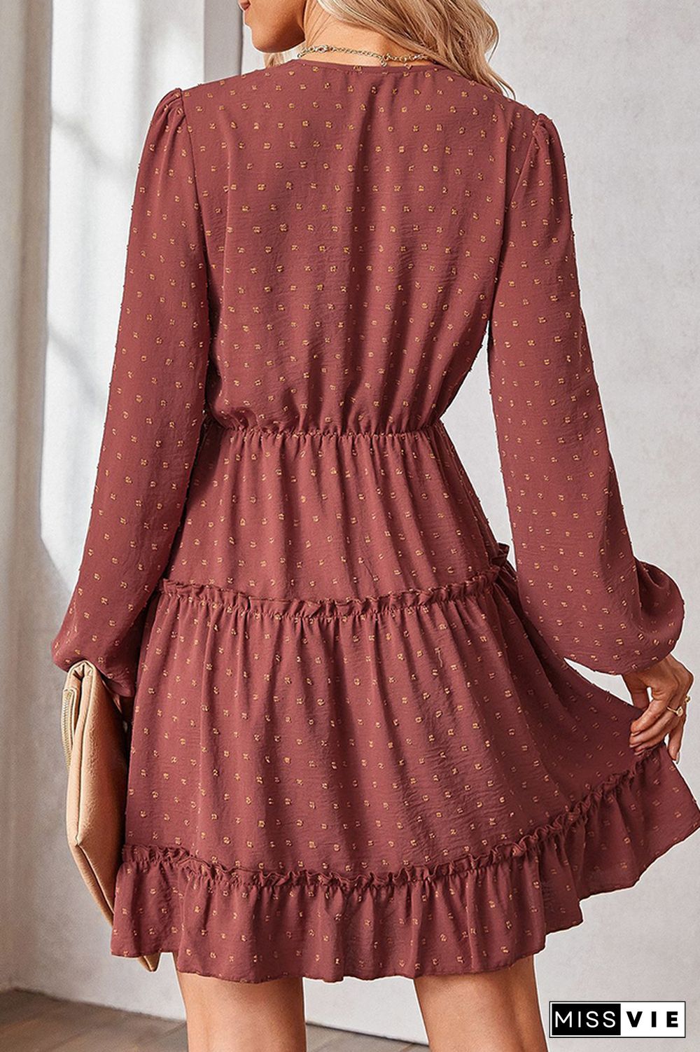 Swiss Dot Lace Crochet Long Sleeve Ruffle Dress