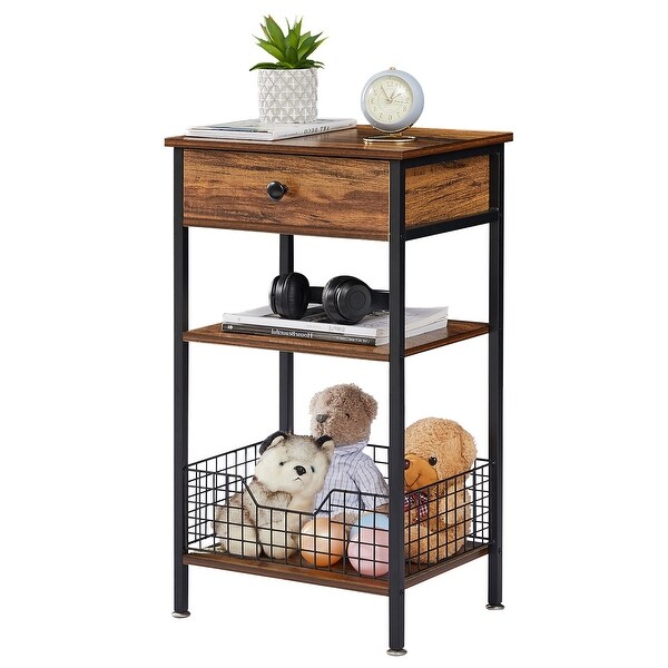 Taomika 1-Drawer Mid Century Modern Nightstand with Storage Shelves and Baskets - - 36349587