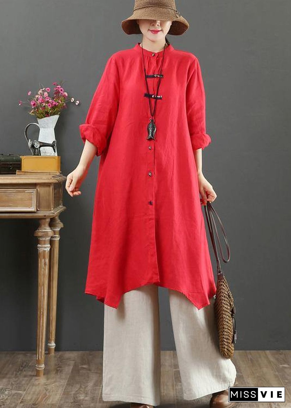 Unique Stand Collar Asymmetric Spring Clothes Pattern Red Blouse