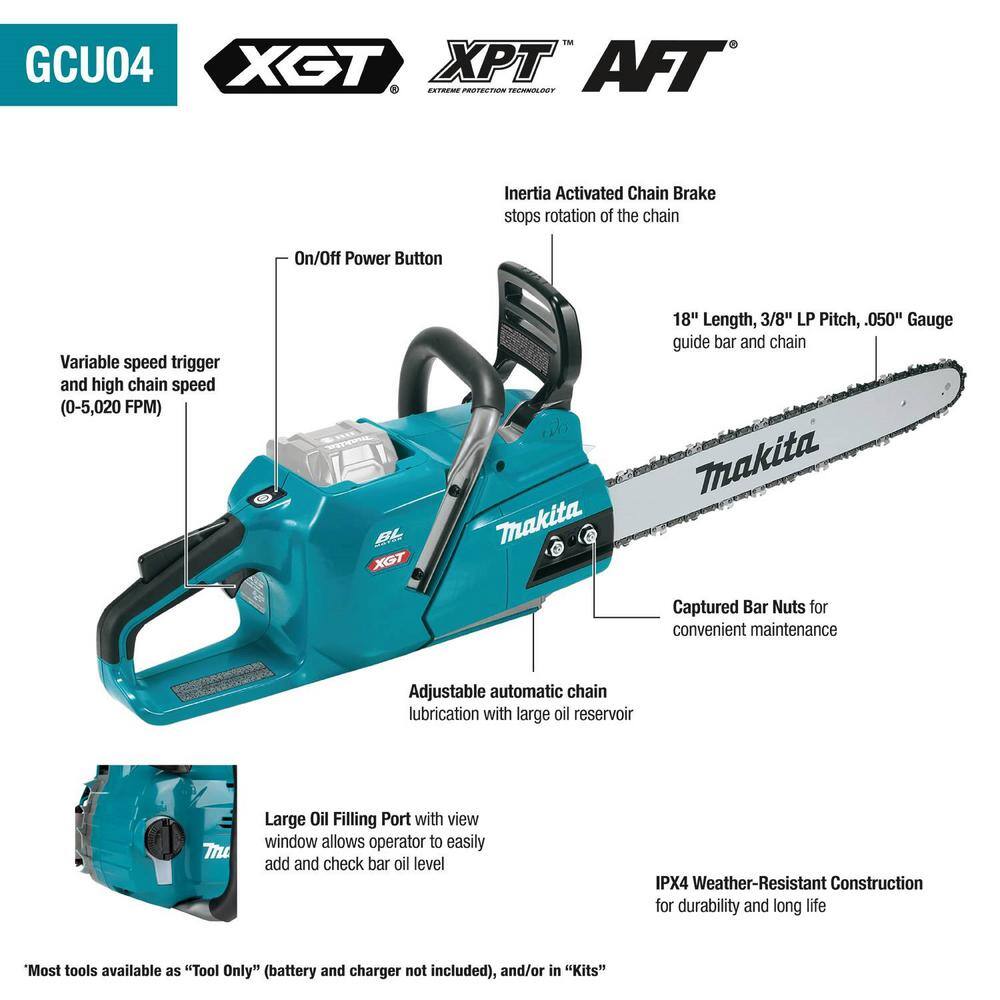 Makita XGT 18 in. 40V max Brushless Electric Battery Chainsaw (Tool Only) GCU04Z