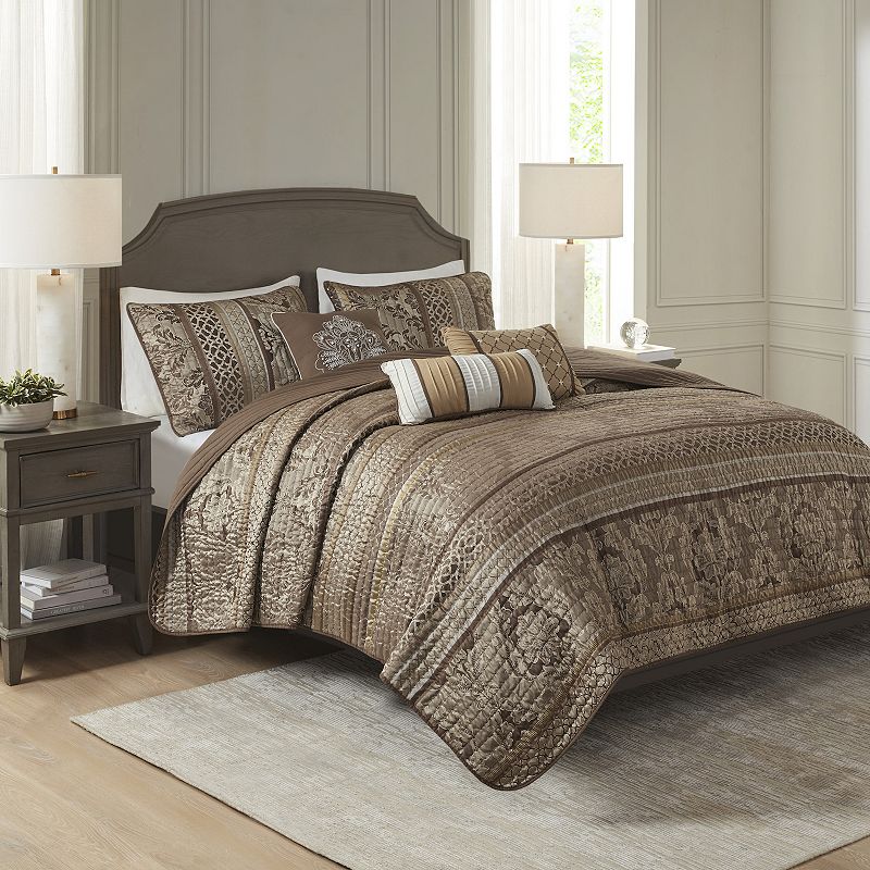 Madison Park Venetian 6-Piece Jacquard Quilt Set with Shams and Throw Pillows