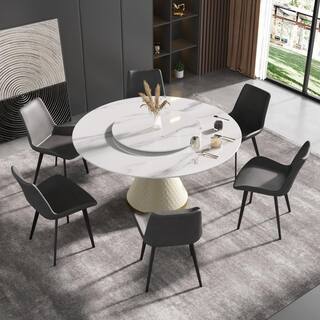 JE Home 53.15 in. White Modern Round Sintered Stone Top Dining Table with Carbon Steel Base Seats 6 PVS-DT010JX01