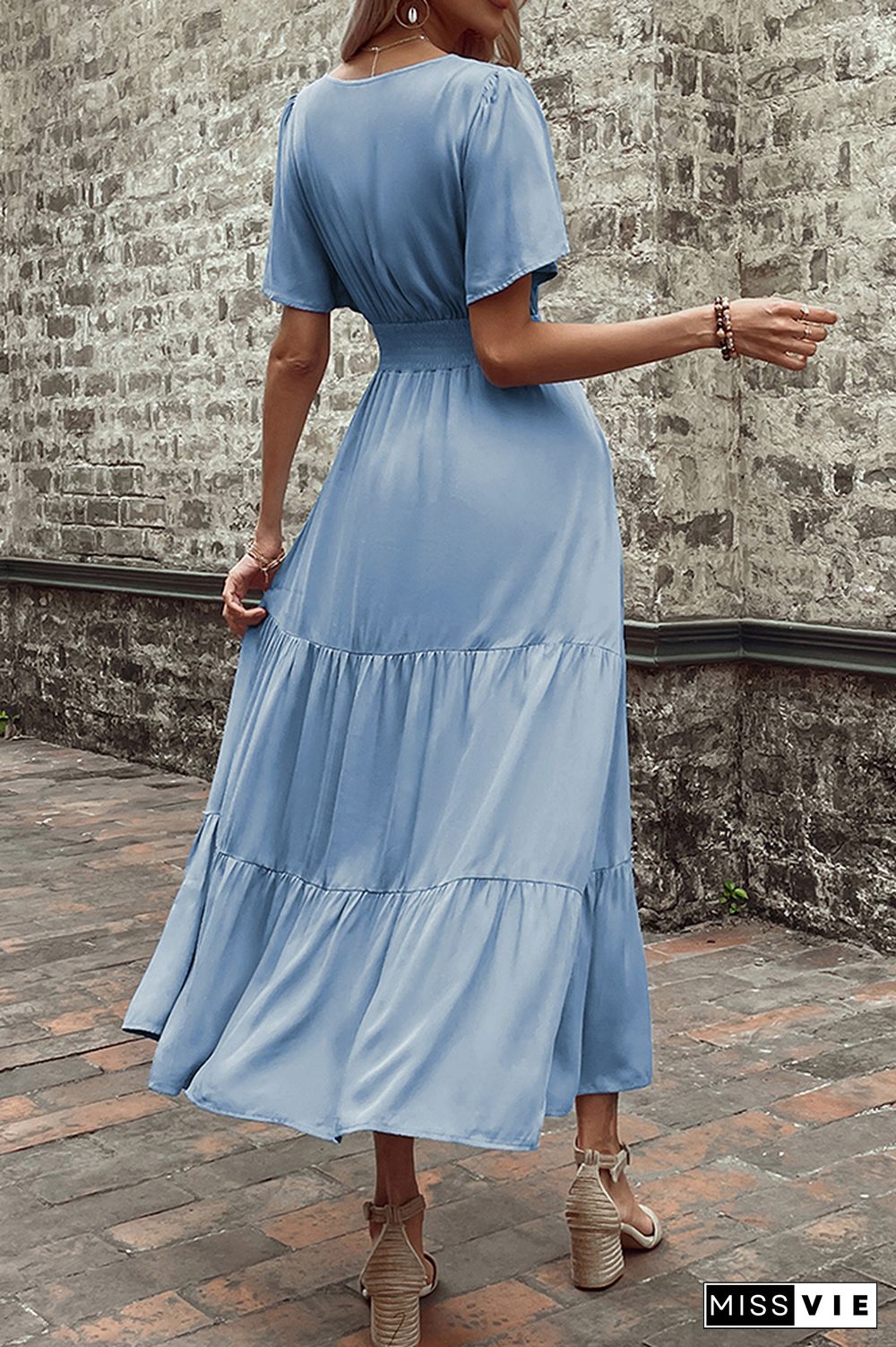 Blue V Neck Button Down High Waist Tiered Maxi Dress