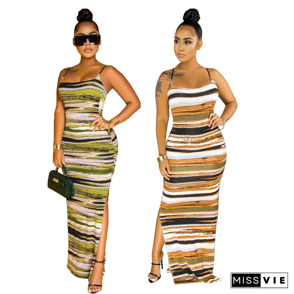 Split Sling Adjustable Buckle Stripe Tie Dye Midi Dress