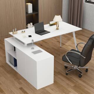 FUFUGAGA 63 in. W-28.7 in. H White Computer Desk with 3-Drawers 1-Storage Cabinet and 2-Adjustable Shelves DRF-KF210153-12