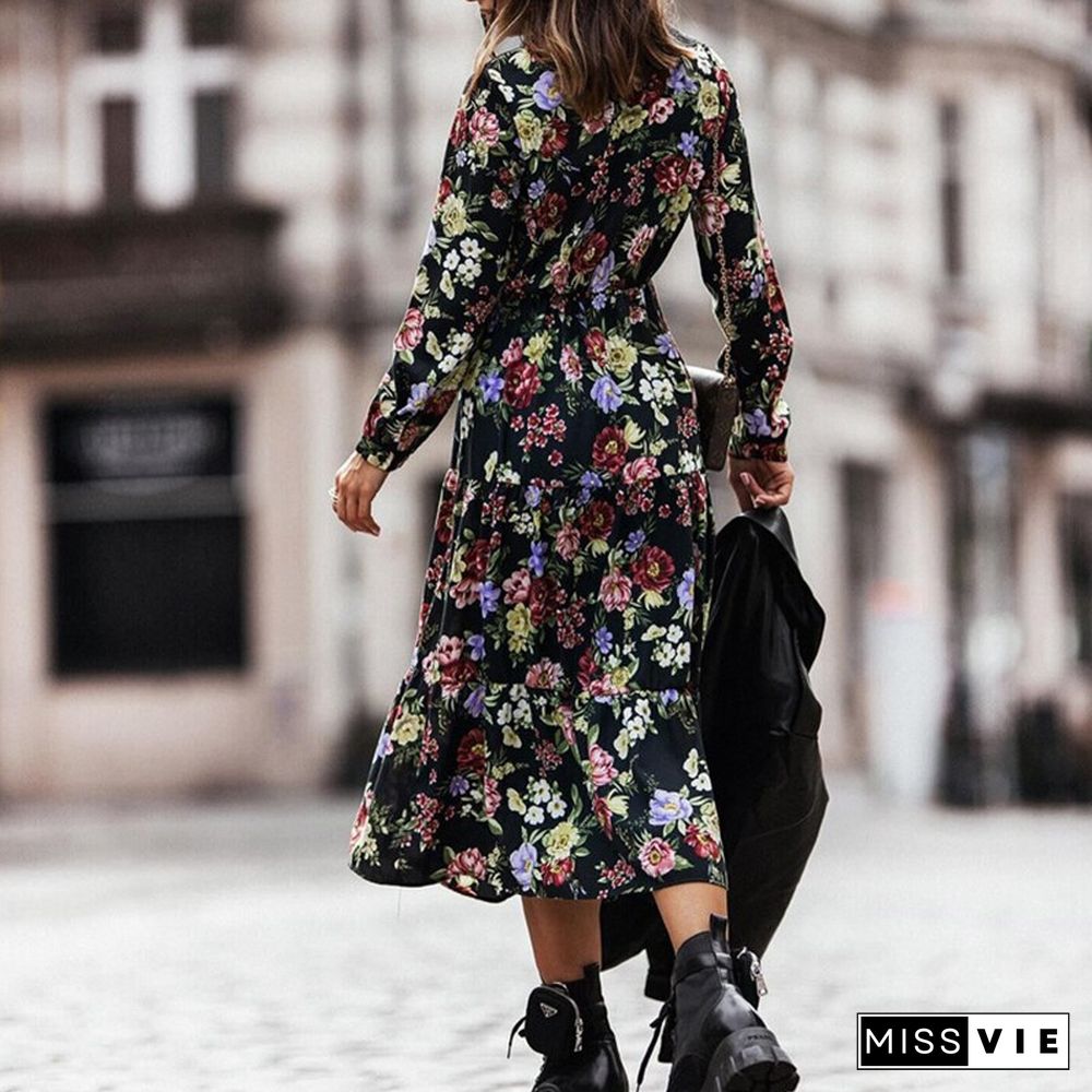 Women Fashion V-neck Botton Shirt Dress Spring Fall Casual Long Sleeve Lace-up Party Dress Retro Flower Print Ruffle Cover Up