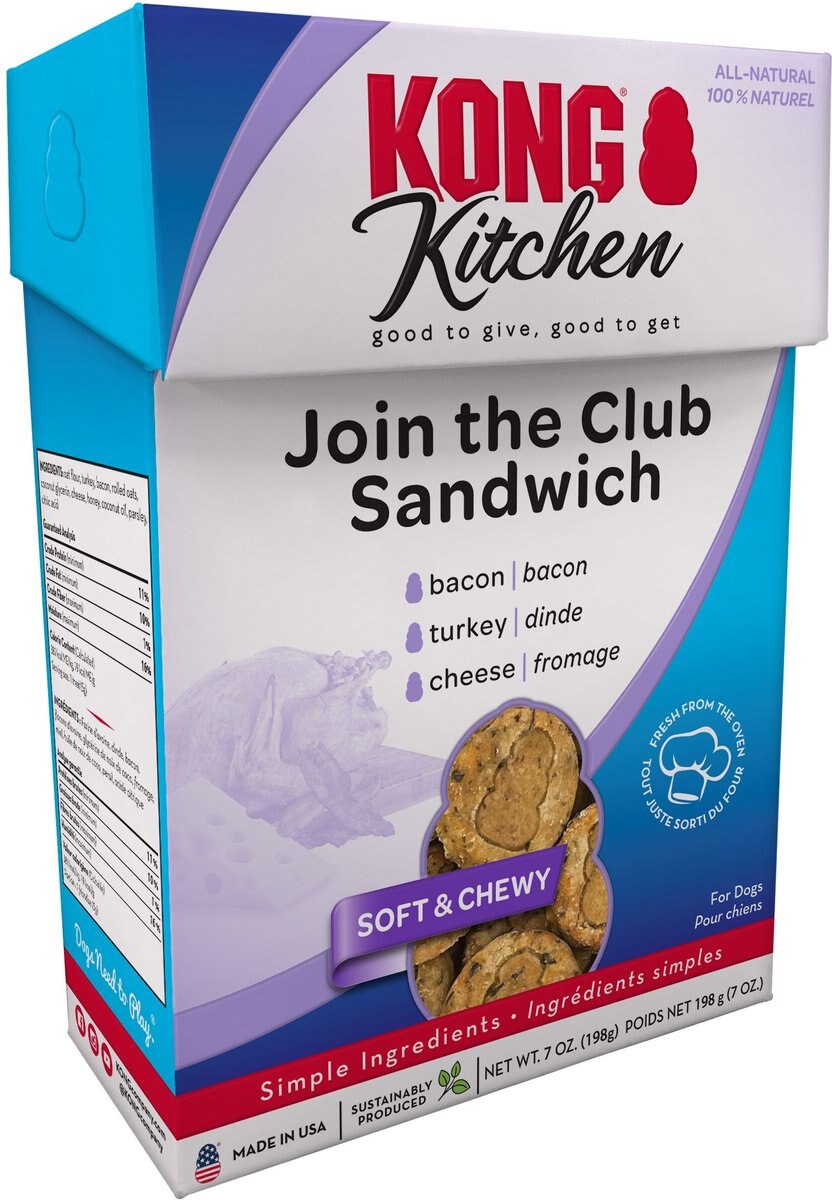 KONG Kitchen Join The Club Sandwich Grain-Free Bacon， Turkey and Cheese Chewy Dog Treats， 7-oz box