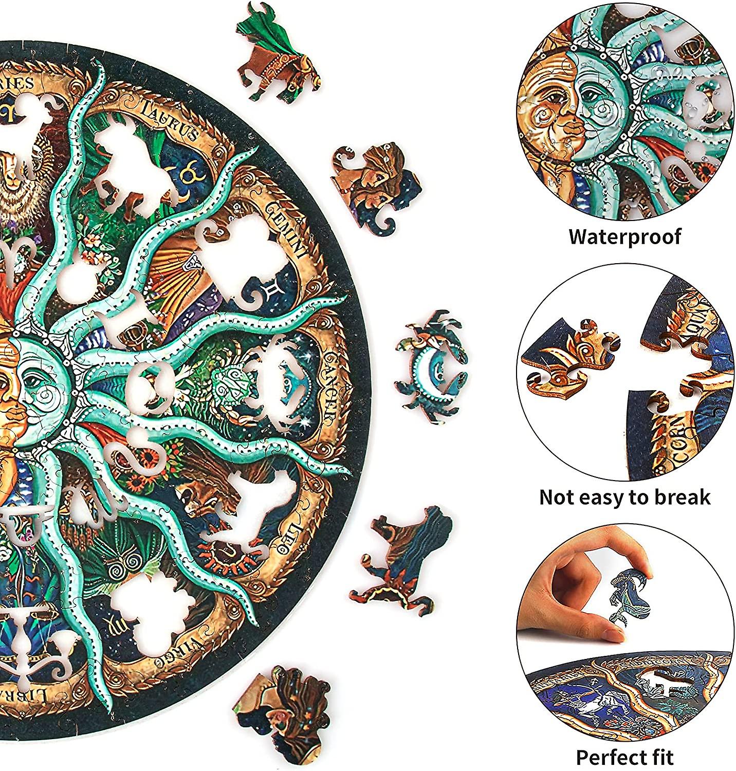 Wooden Jigsaw Puzzles- Round Zodiac Horoscope Unique Shape Wood Puzzle For Adults Kids， Best Gift For Christmas Family Game Play Collection