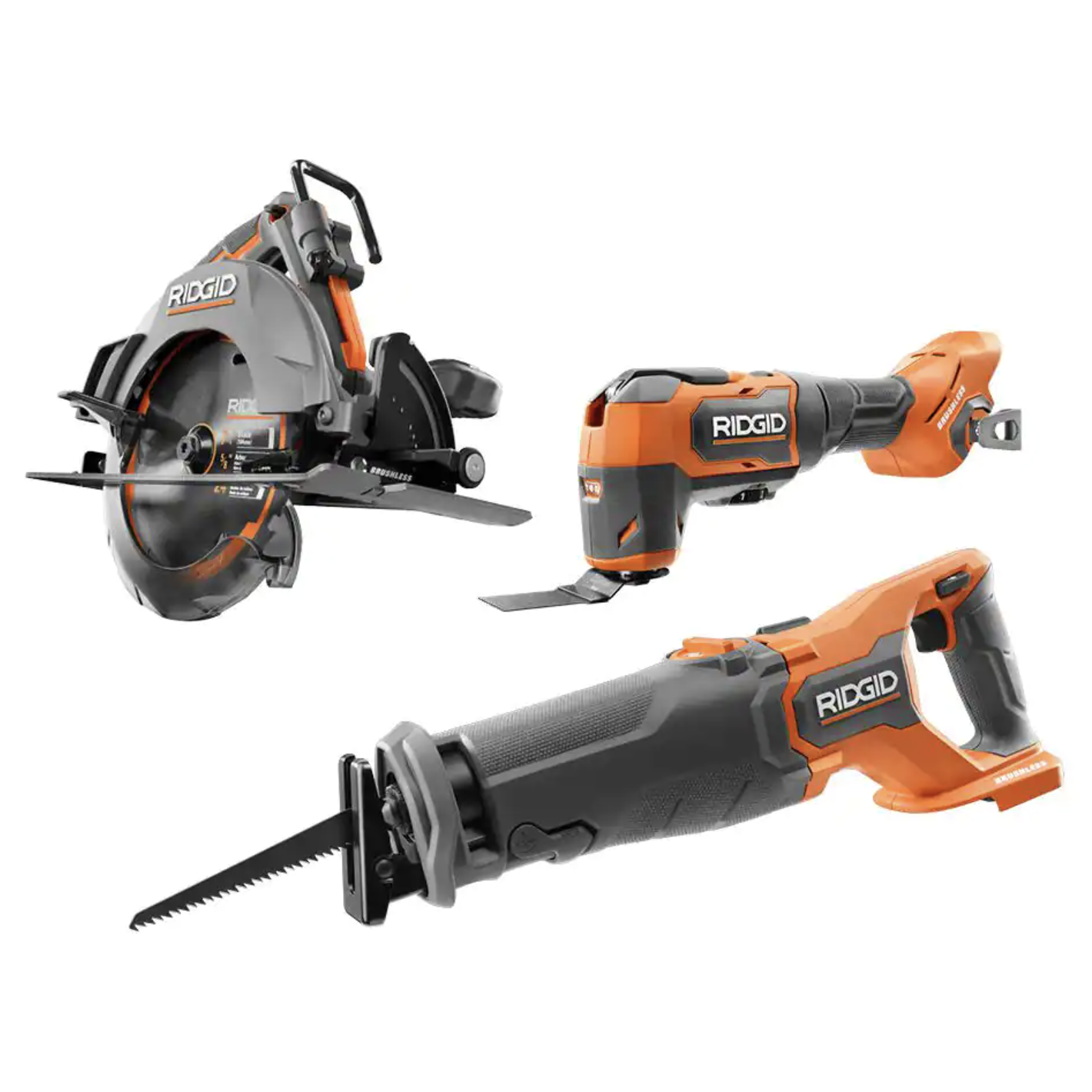 Ridgid R92164SBN 18V Brushless Cordless 3-Tool Combo Kit with Reciprocating Saw， Multi-Tool， and 7-1/4 in. Circular Saw， Tools Only