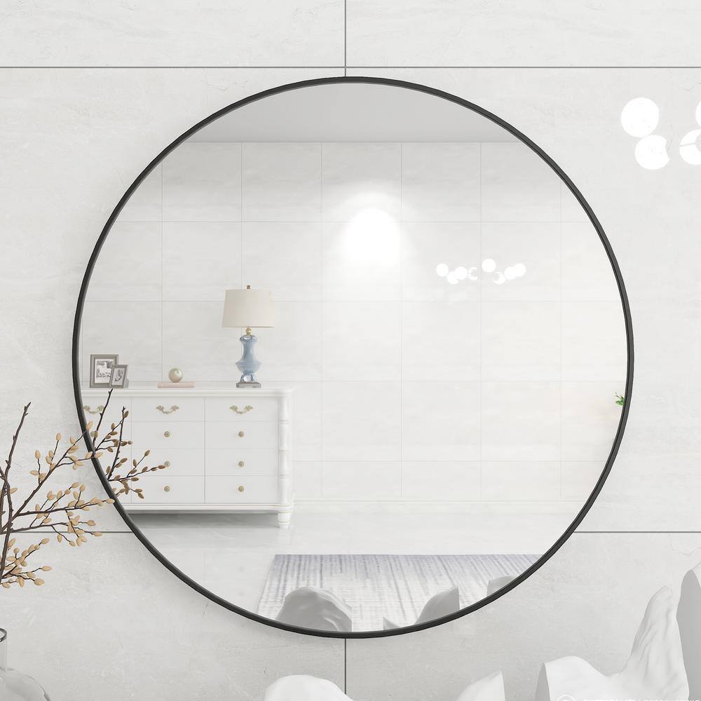 tunuo 28 in. W x 28 in. H Round Metal Framed Wall Bathroom Vanity Mirror in Black SF-WM2828B