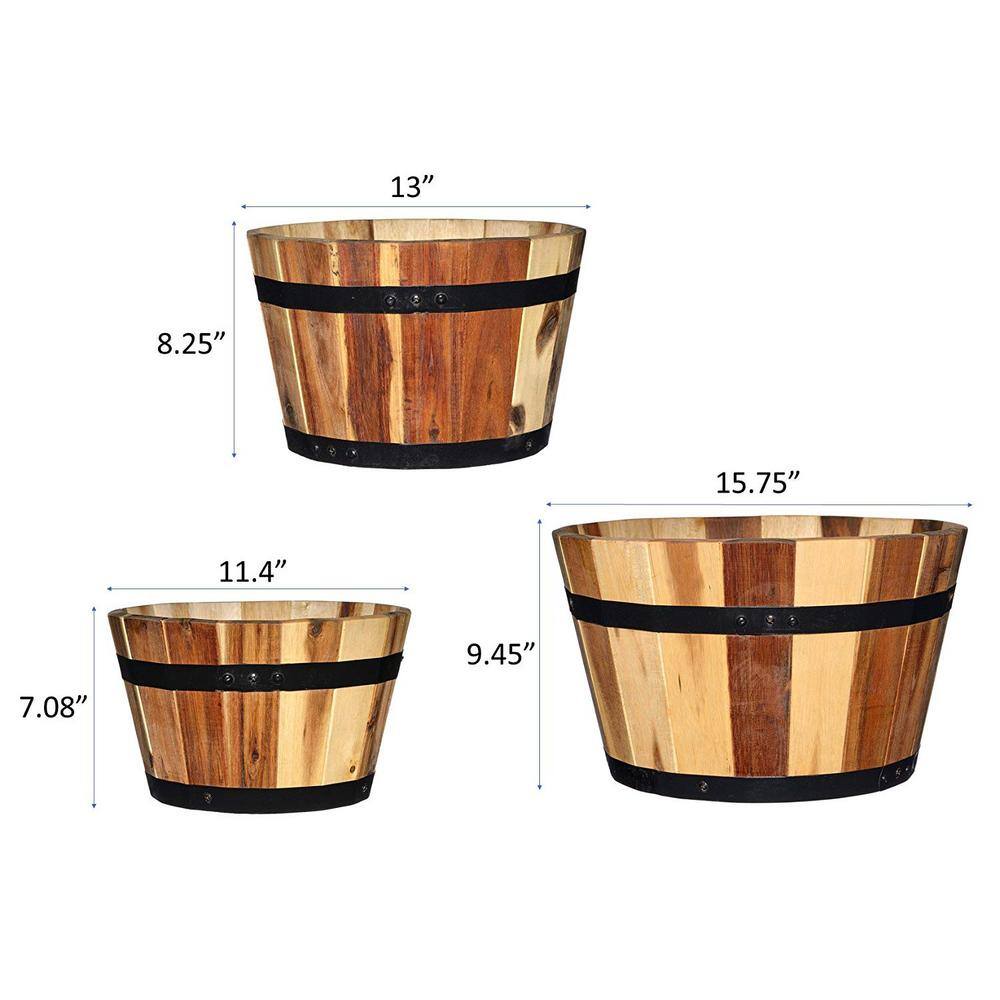 CHG CLASSIC HOME  GARDEN Acacia Wood Barrel Planters (Set of 3) 58003