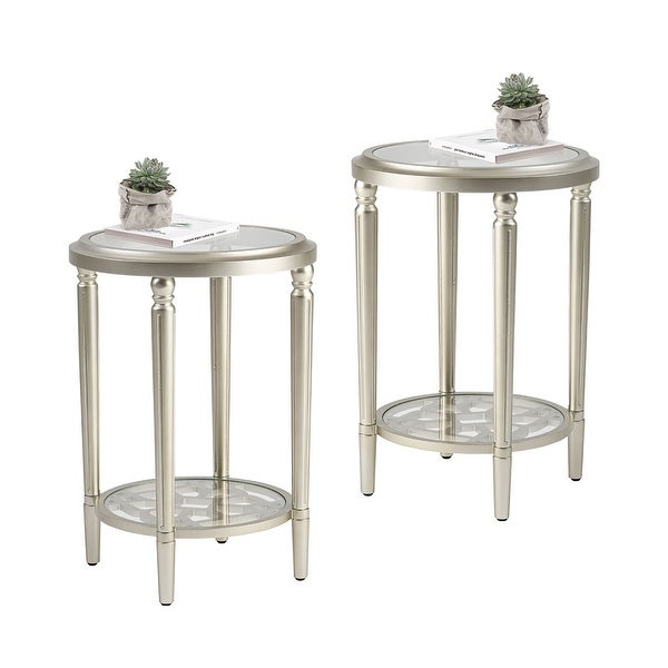 COSIEST 2-Tier Sliver Round Tempered Glass Side Table with Storage Shelf