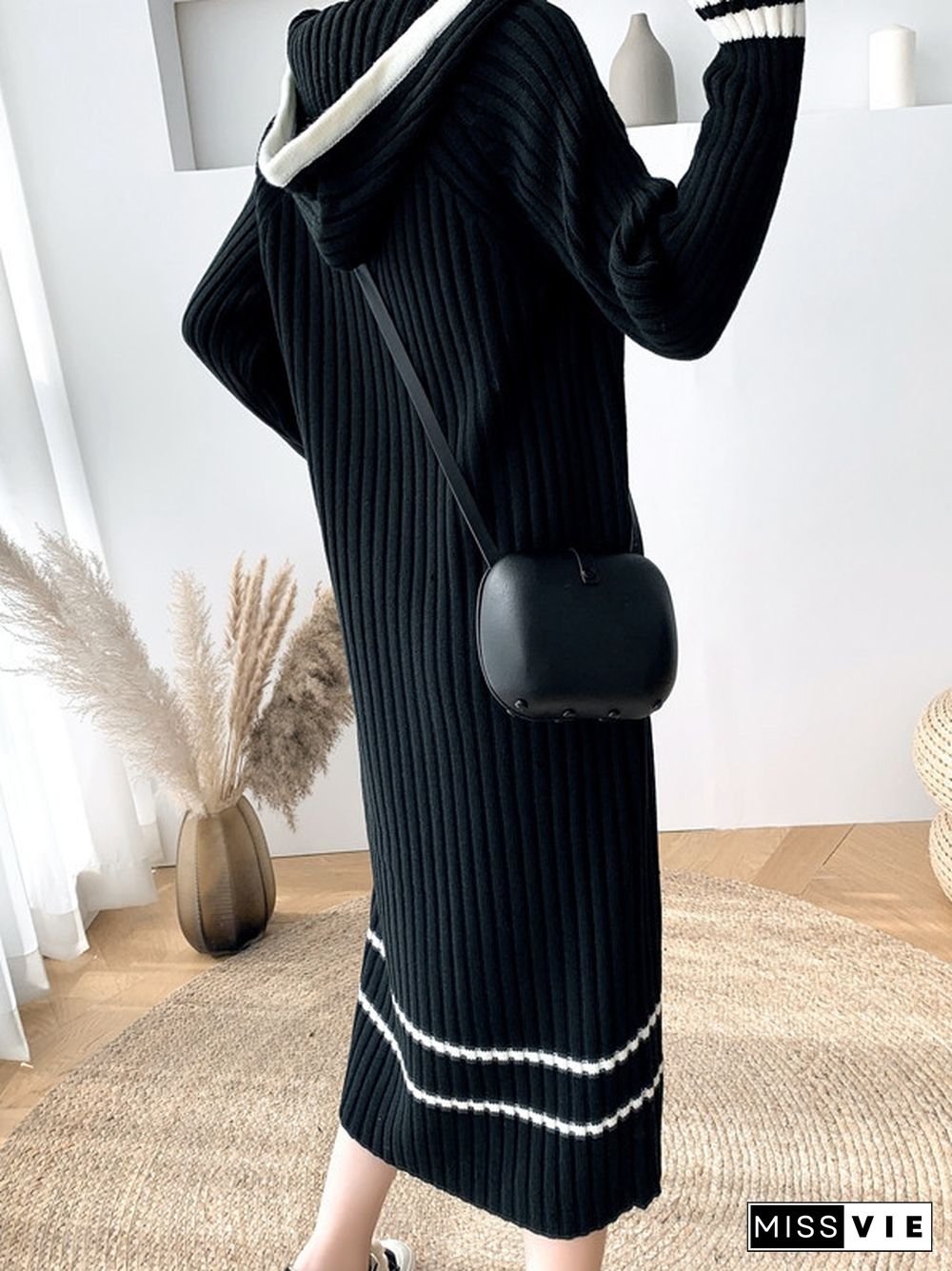 Urban Long Sleeves Loose Striped V-Neck Hooded Sweater Dresses