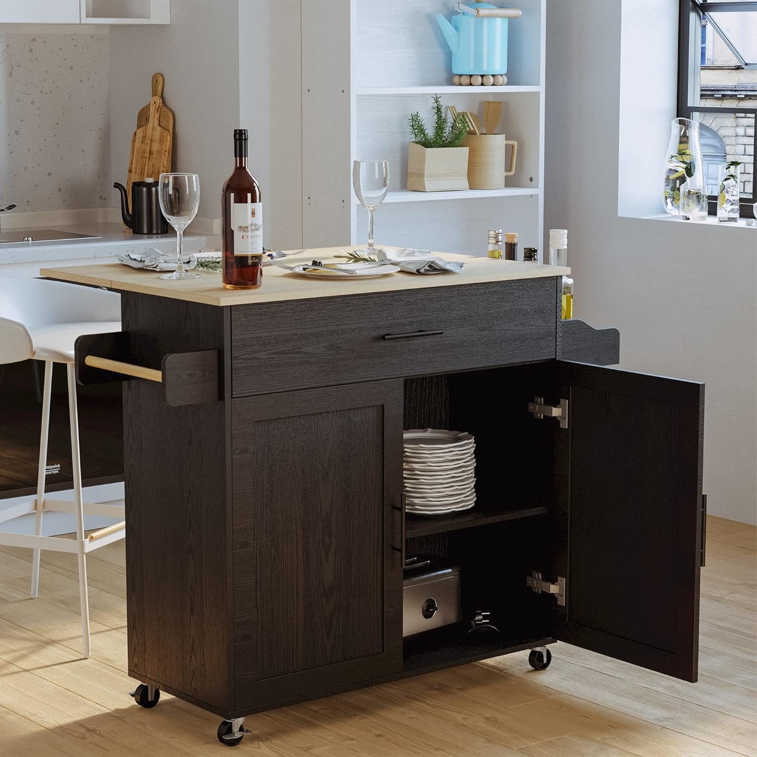 Rolling Kitchen Island Table on Wheels with Drop Leaf and Towel Rack