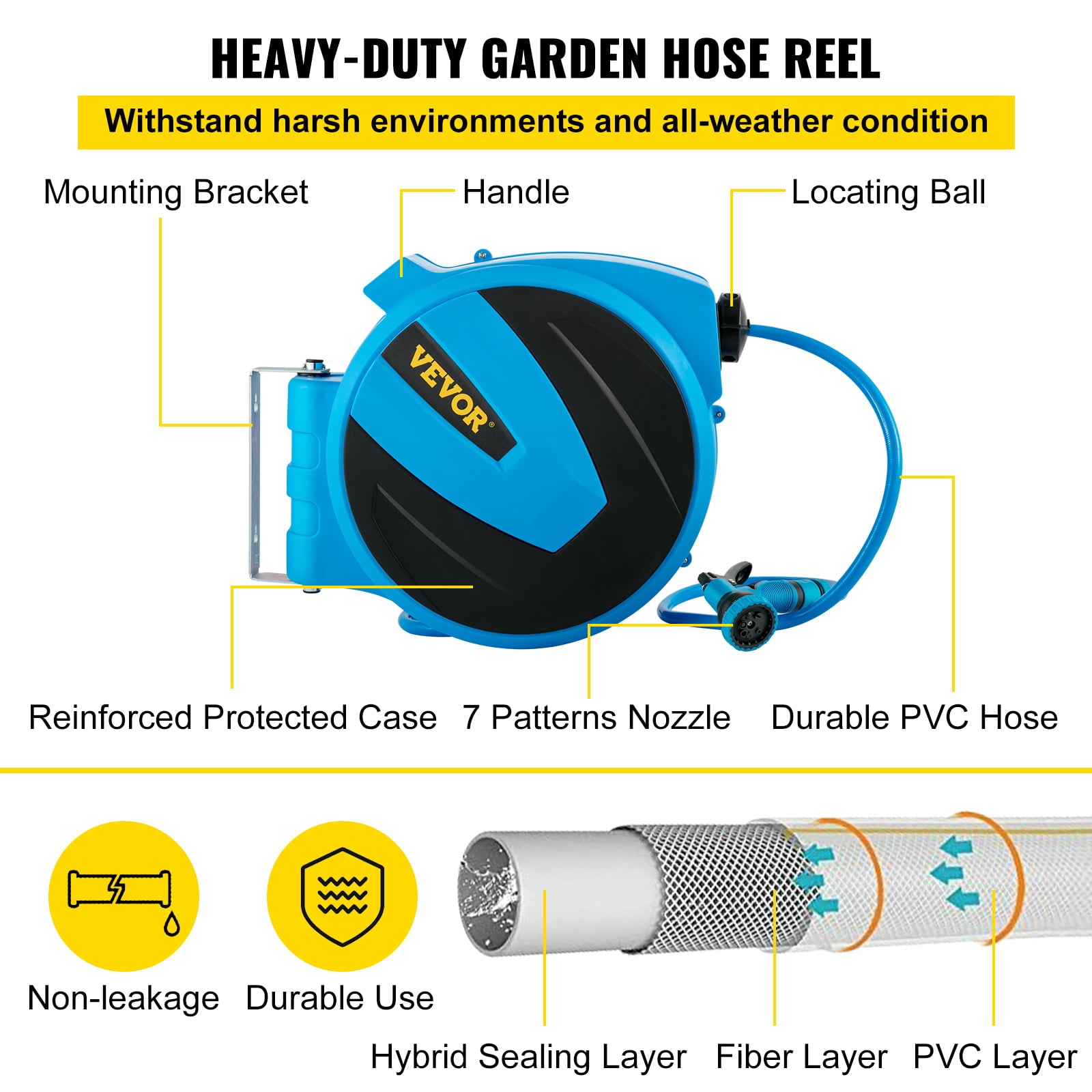 VEVOR Retractable Hose Reel， 5/8 inch x 50 ft， Any Length Lock and Automatic Rewind Water Hose， Wall Mounted Garden Hose Reel With 180° Swivel Bracket and 7 Pattern Hose Nozzle， Blue