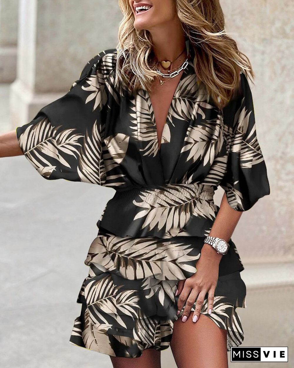 Summer Beach Boho Dress Bat Sleeve V-neck Hem Irregular Print Casual Dress Vestidos De Mujer