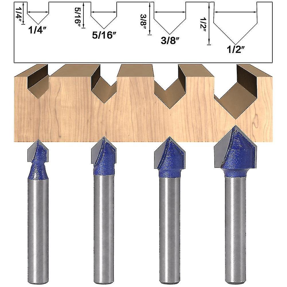 4pcs 1/4 Inch Shank 90 Degree V Groove Router Bit Set Cnc Engraving V Grooving Woodworking Milling C