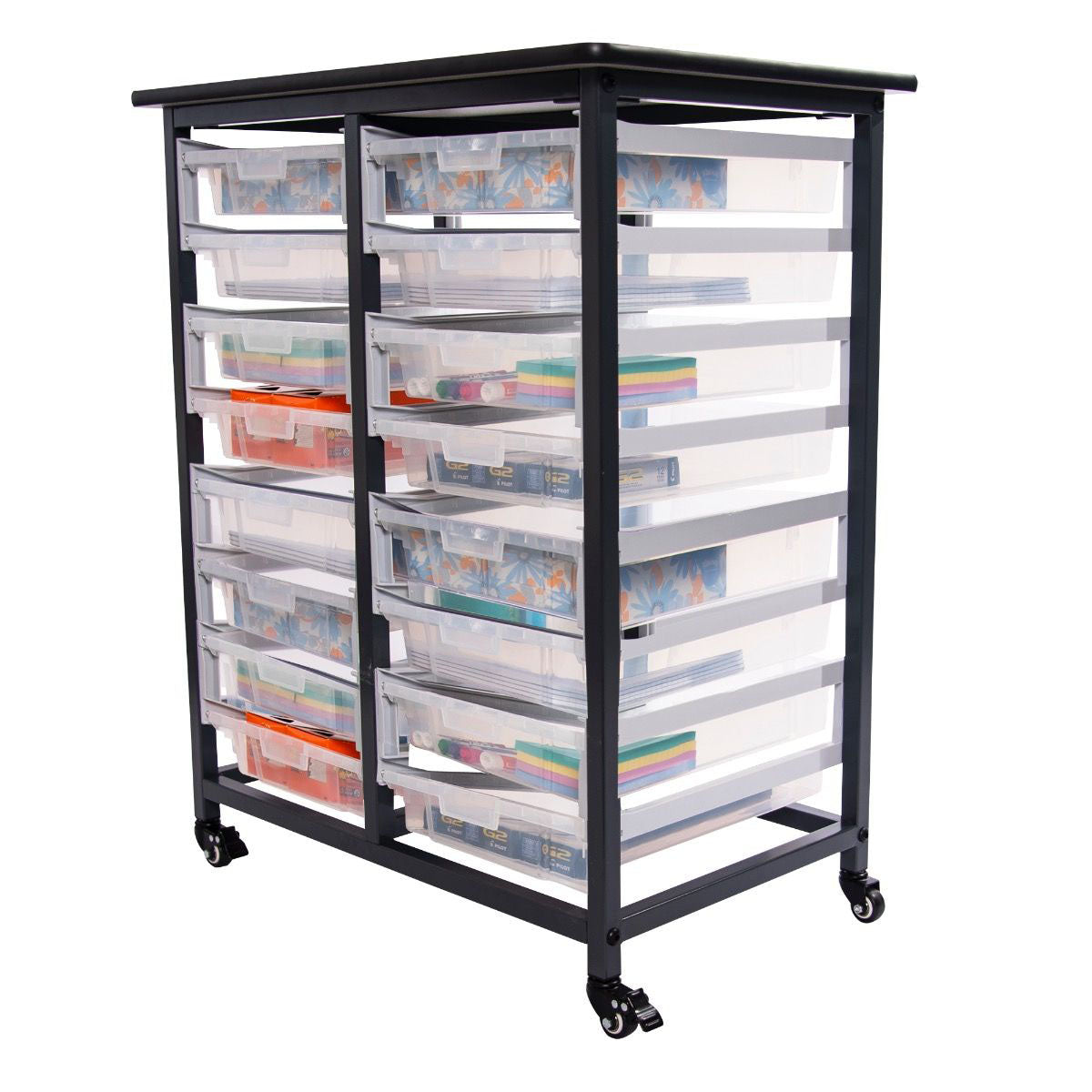 Luxor Mobile Bin Storage Unit - Double Row with 16 Small Clear Bins