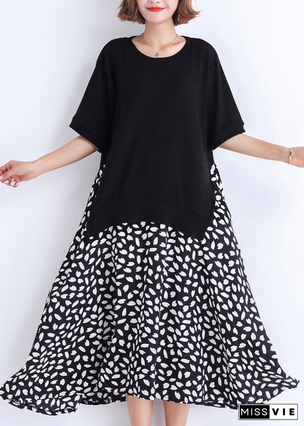 Women black Cotton tunic dress Casual pattern patchwork false two pieces oversized Summer Dresses