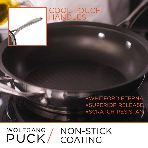 Wolfgang Puck 3-Piece Stainless Steel Skillet Set， Scratch-Resistant Non-Stick Coating， Includes a Large and Small Skillet