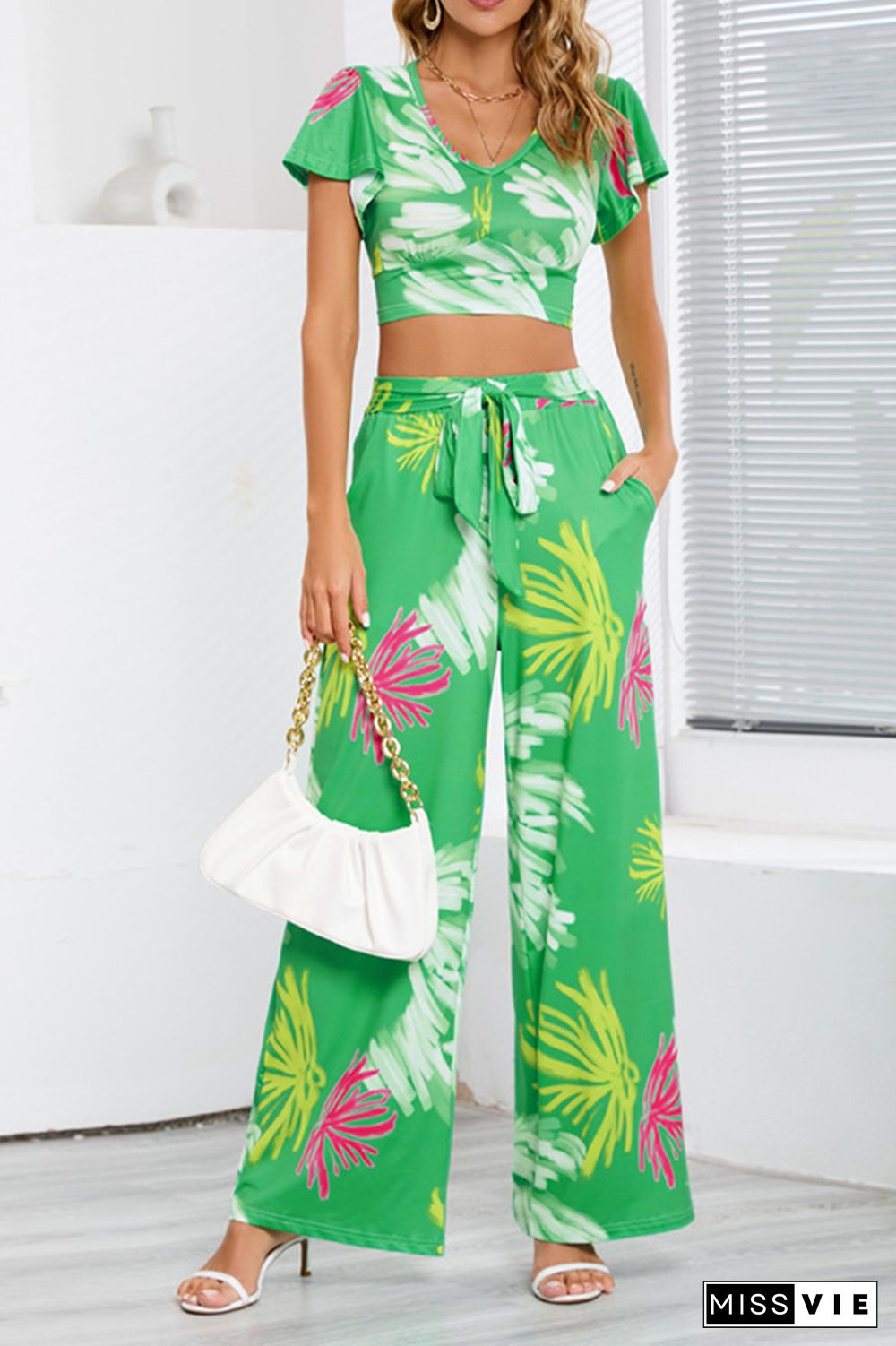 Leaf Print Crop Top and Wide Leg Pants Two Pieces Set