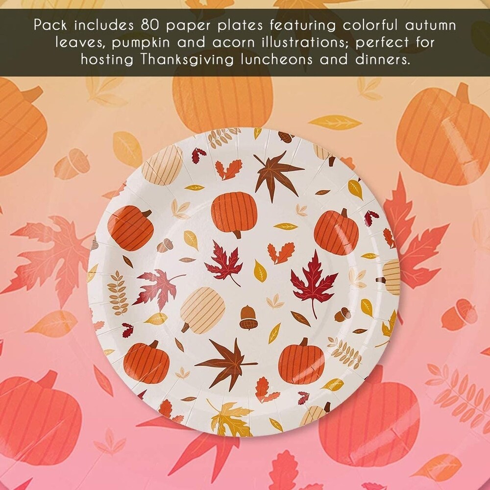 80 Count Disposable Paper Plates  Fall Foliage and Pumpkin Design  9 x 9 Inches