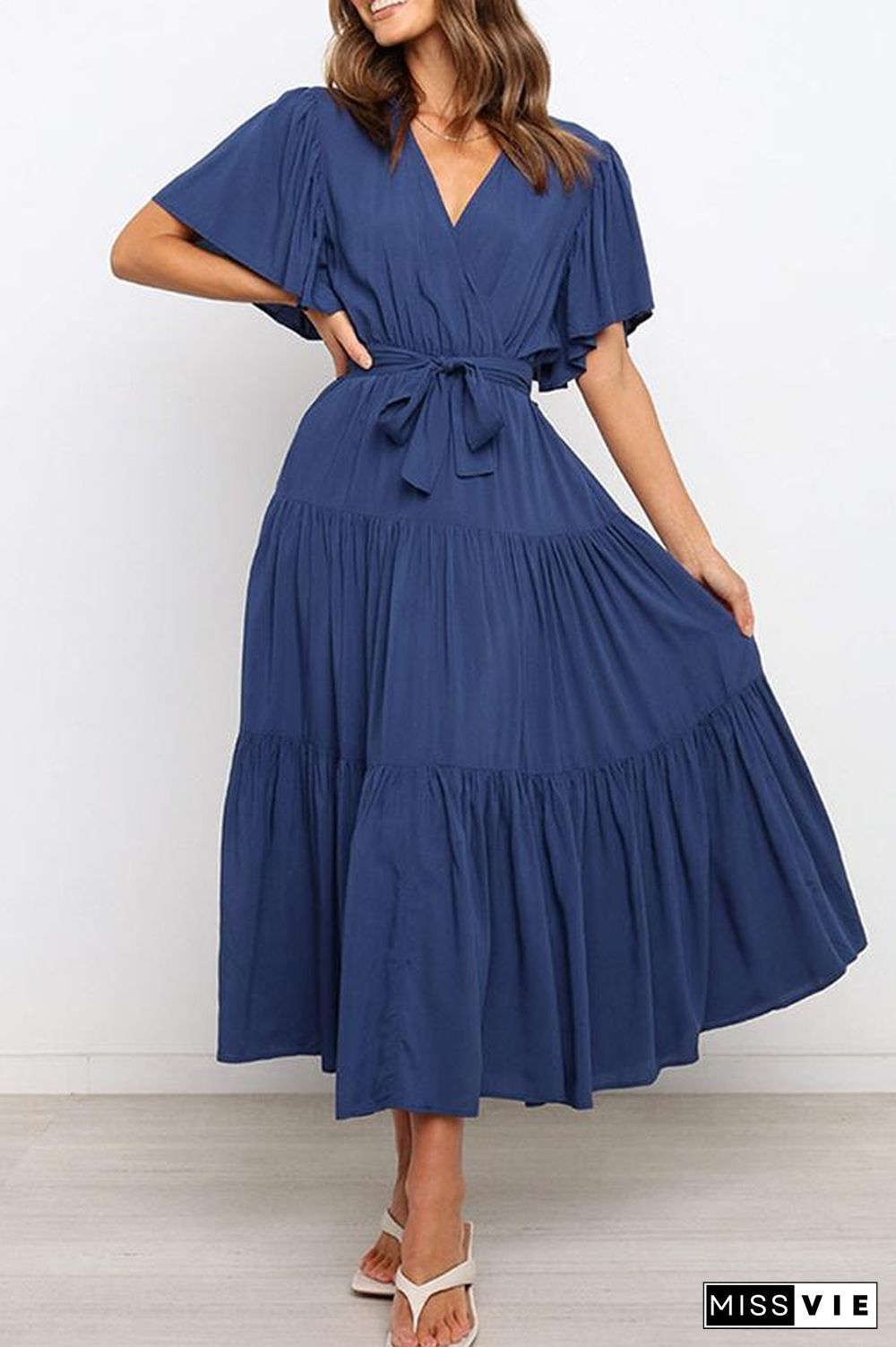 Ruffled Sleeve V-neck Tie Waist Maxi Dress P14492