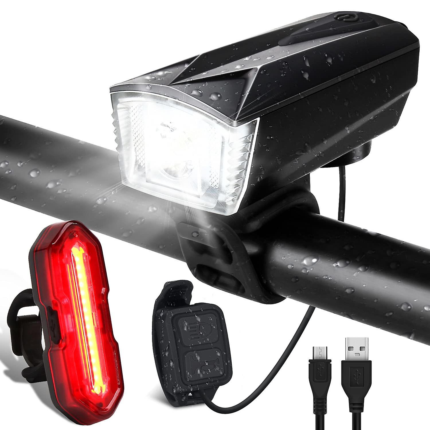 Bike Light Set， USB Rechargeable LED Bicycle Lights with 300LM Waterproof Front Headlight and 100LM Tail Light（black）