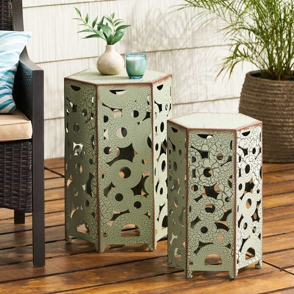 Outdoor Crackle Pattern Side Table，Accent Table Set of 2 with Hollow Out Design and Adjustable Levelers