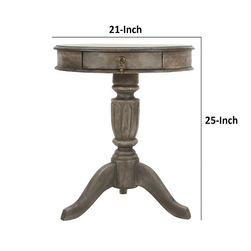 21 Inch Handcrafted Mango Wood Side Table with Drawer， Classic Pedestal Base and Round Top， Rustic Gray