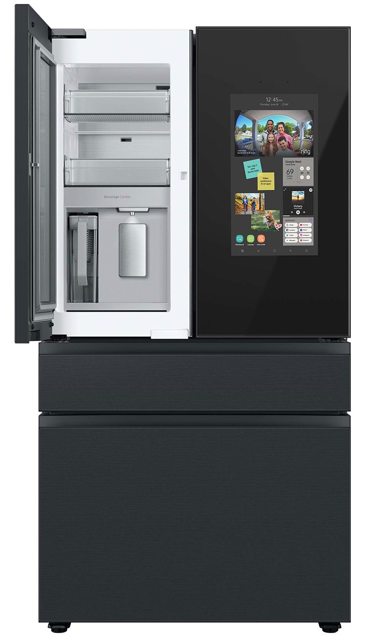  23 Cu. Ft. BESPOKE Counter Depth 4-Door French Door Refrigerator - Charcoal Glass Top Left And Family Hub Panels With Matte Black Steel Middle And Bottom Panels