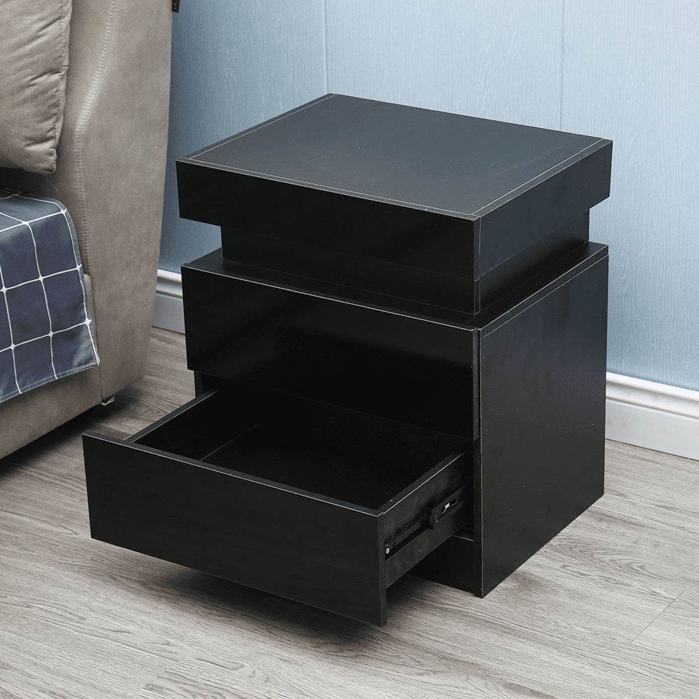 Oukaning Modern High Gloss Nightstand with 2 Drawers Modern LED RGB Bedside Table Storage(Black)