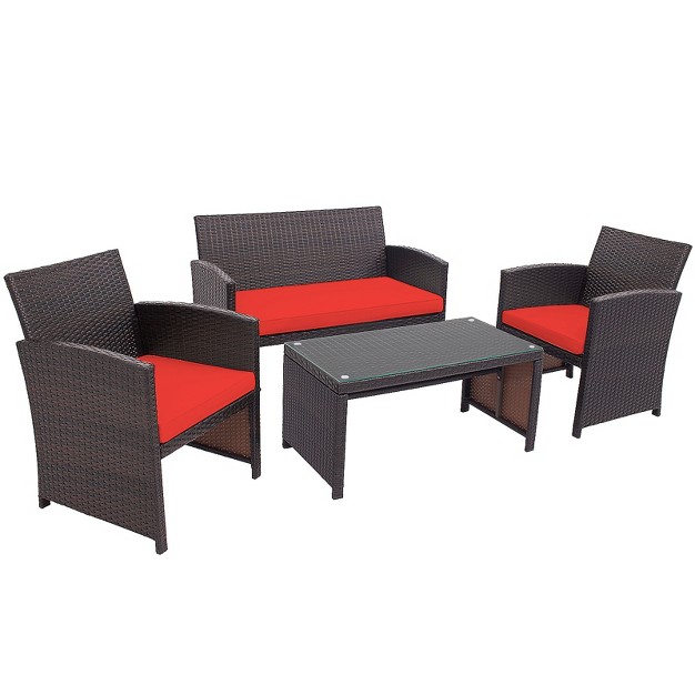 Tangkula 4pcs Outdoor Patio Furniture Sets Weather resistant Rattan Sofas W Soft Cushion Red