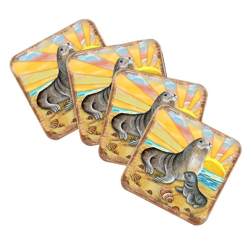 Sealion Coastal Wooden Cork Coasters Gift Set of 4 by Nature Wonders