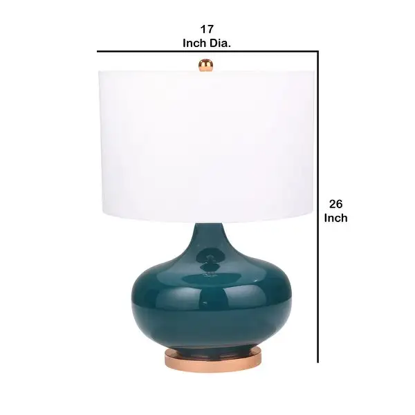 Drum Fabric Shade Table Lamp with Glass Bellied Shape Support， Green