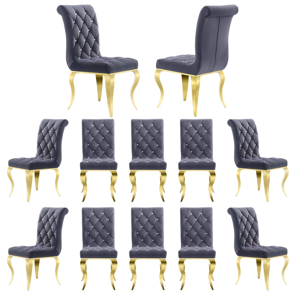 Luxury Gray Velvet Tufted Upholstered Dining Chairs with Polished Gold Cabriole Legs