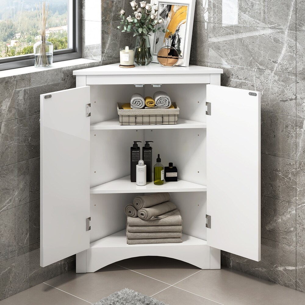 Triangle Bath Room Waterproof Storage Cabinet  Freestanding Corner Floor Storage Cabinet with Door and Adjustable Shelf  White