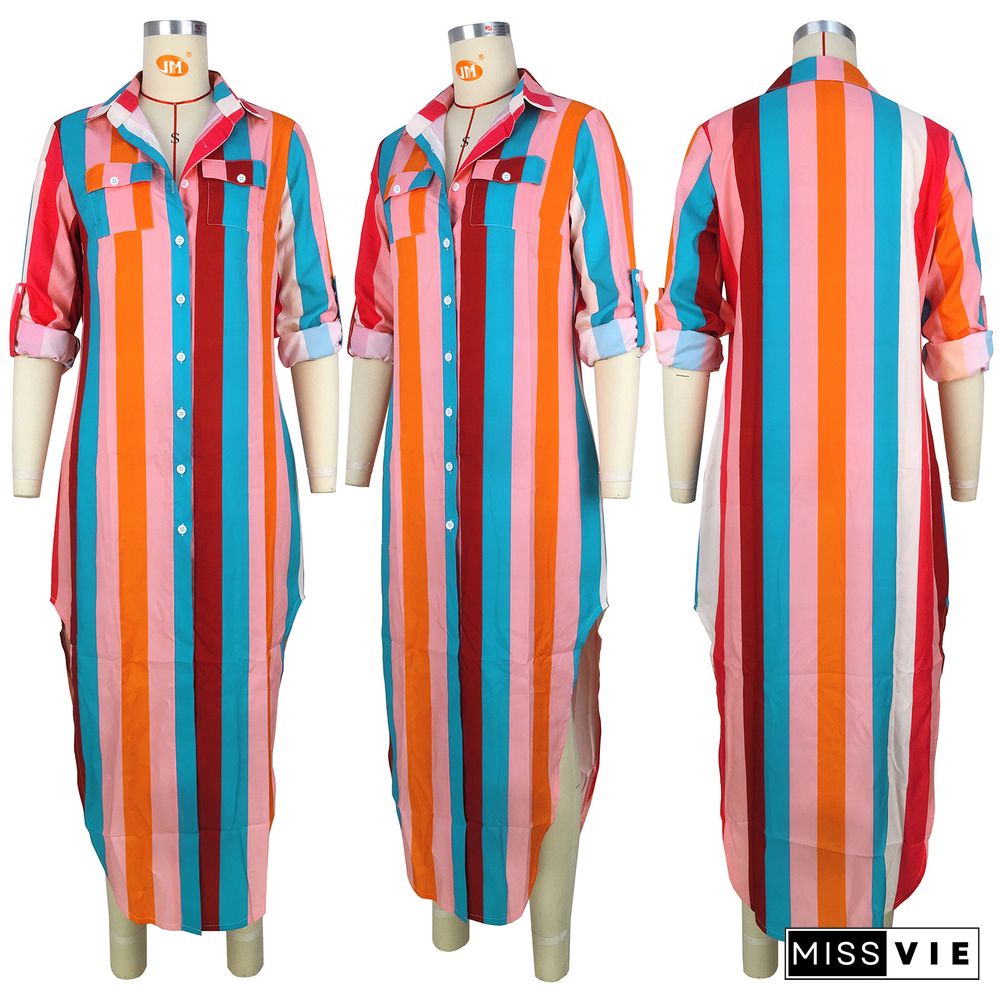 Multicolor Print Striped Button Pocket Dress