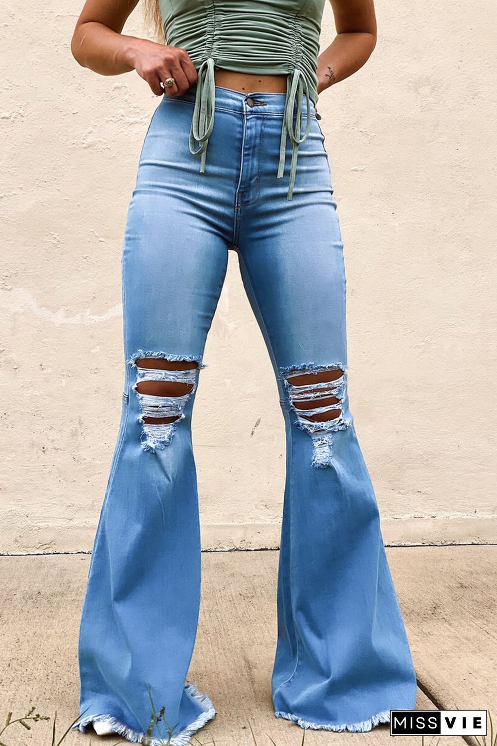 Sky Blue High Waist Raw Hem Button Ripped Flare Jeans