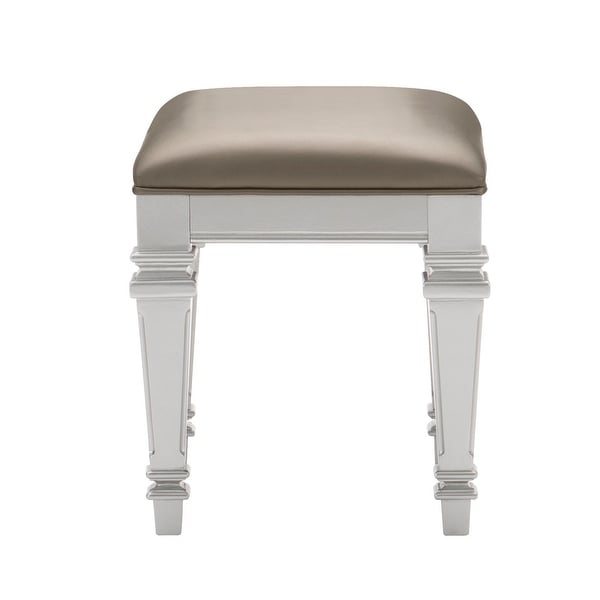 Leatherette Padded Vanity Stool with Tapered Legs and Molded Detail， Silver