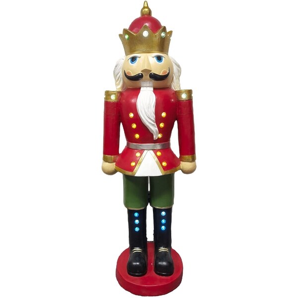 Christmas Time 5Ft. Nutcracker King Wearing a Crown，Resin Figurine w/ LED Lights，Christmas Holiday Decor，Red