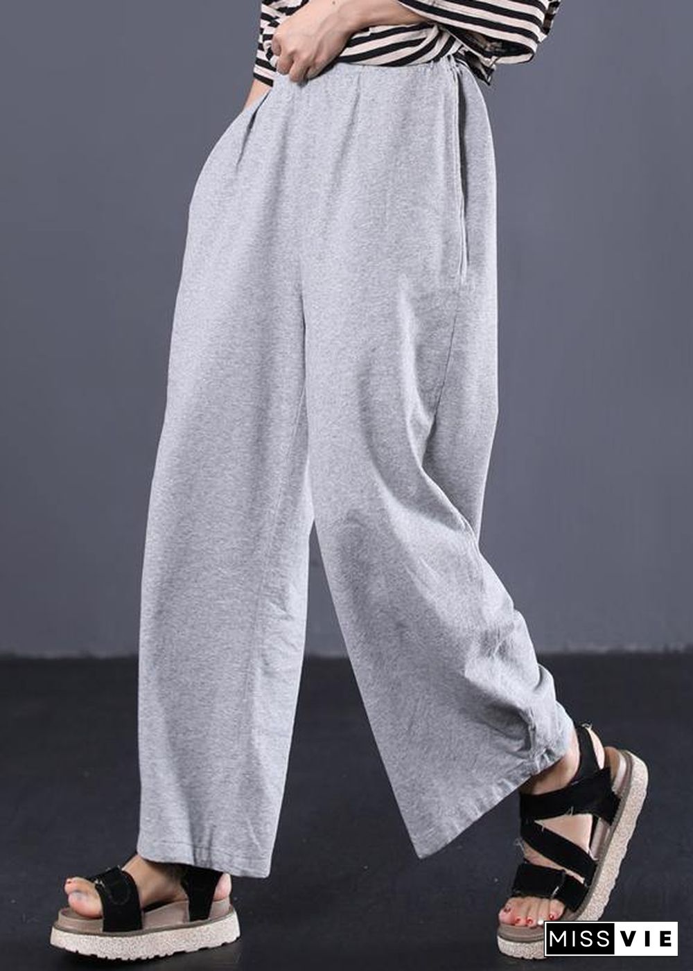 women cotton solid color casual pants elastic waist gray wide leg pants