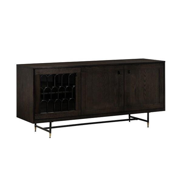 Wooden Buffet with Three Door Cabinets and Metal Base， Brown