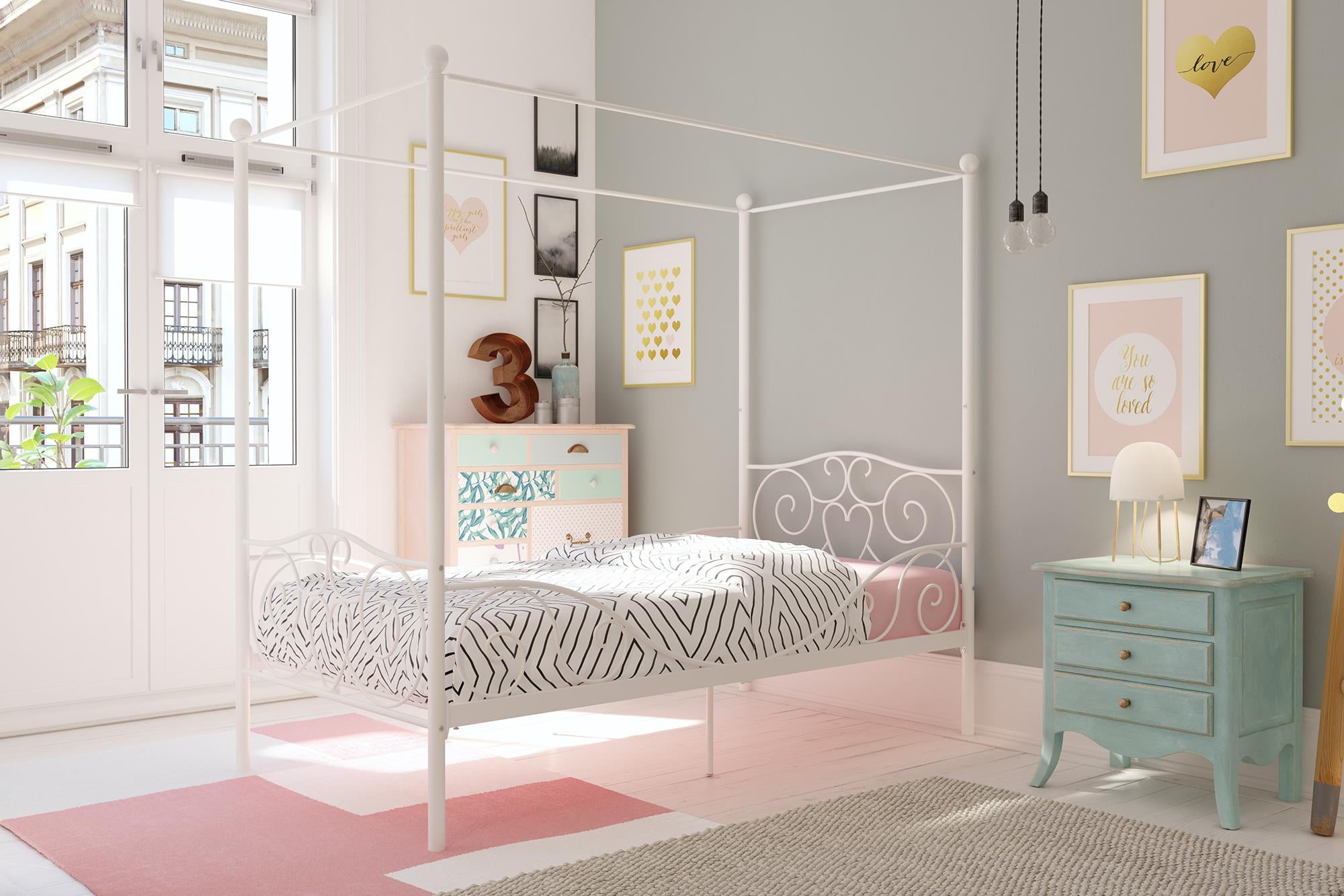 Elm & Oak Metal Canopy Kids Poster Bed, Twin, White