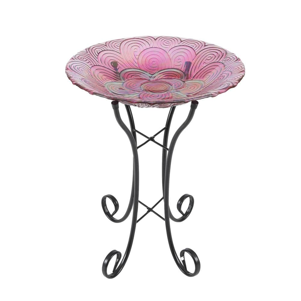 Luxen Home Pink Swirl Flower Glass Bird Bath with Metal Stand WHP1163