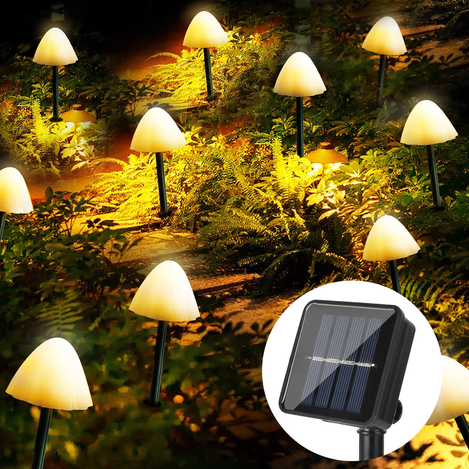 12.5ft Outdoor Solar Garden Lights， EEEkit 12 LED Mushroom Stake Lights with 8 Modes， Waterproof Mini Mushroom Fairy String Light for Pathway Yard Wedding Party Decor， Warm White