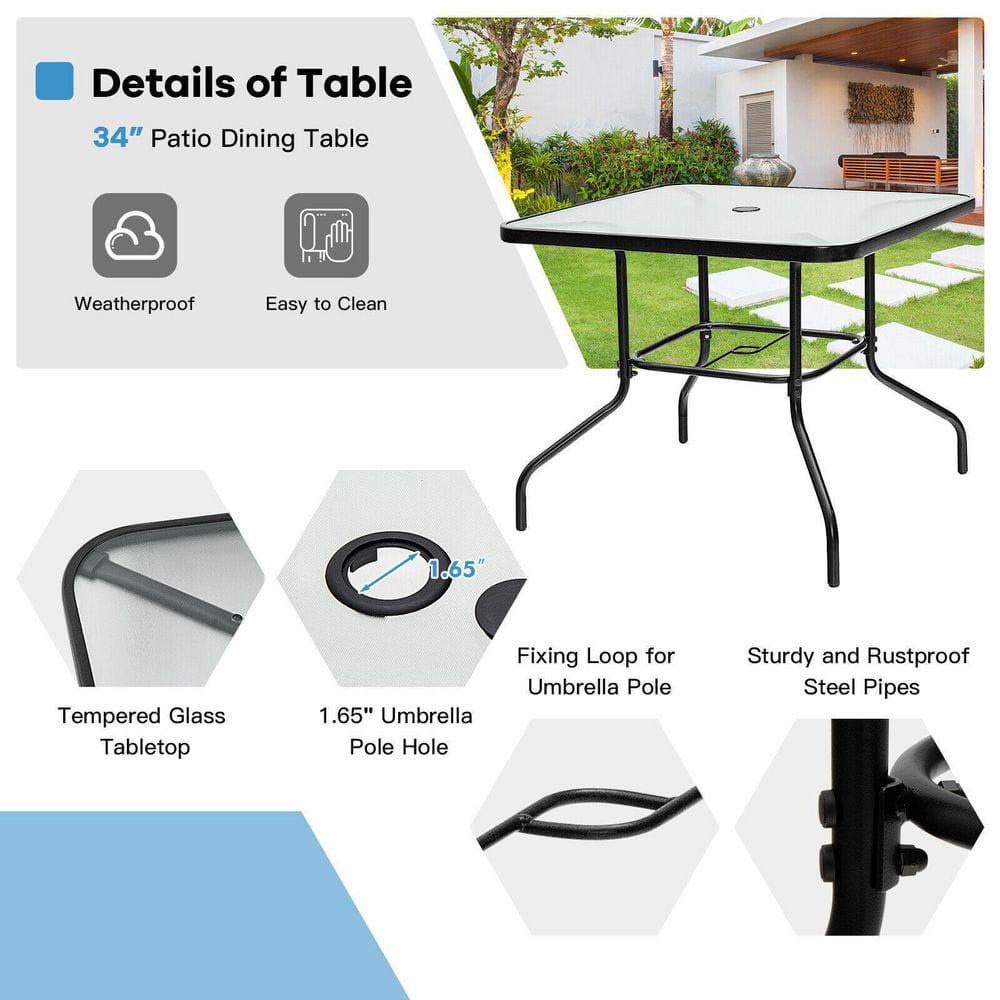 ANGELES HOME Black Square Metal Tempered Glass Outdoor Dining Table with Umbrella Hole