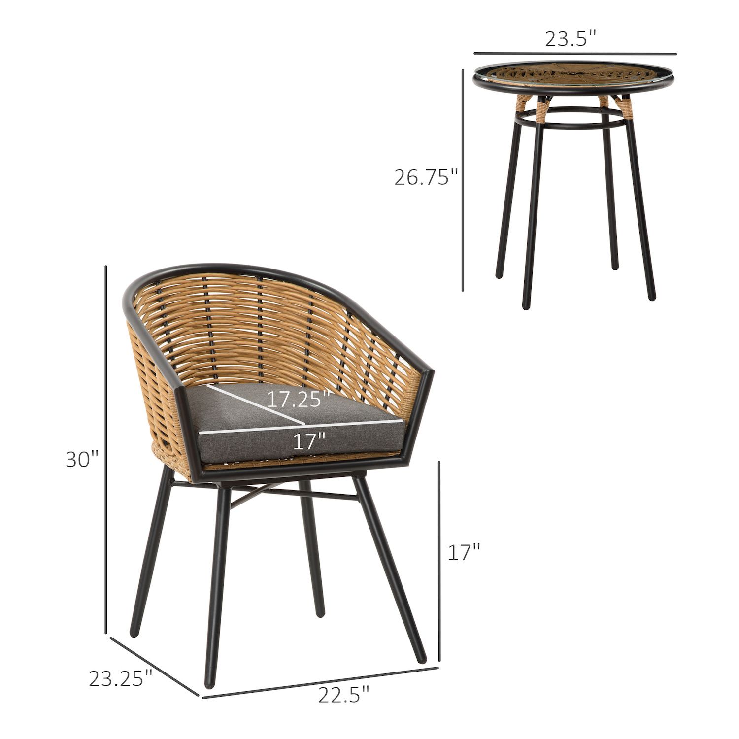 Outsunny 3 Pieces Patio PE Rattan Bistro Set， Outdoor Round Resin Wicker Coffee Set， w/ 2 Chairs and 1 Coffee Table Conversation Furniture Set， for Garden， Backyard， Deck， Grey