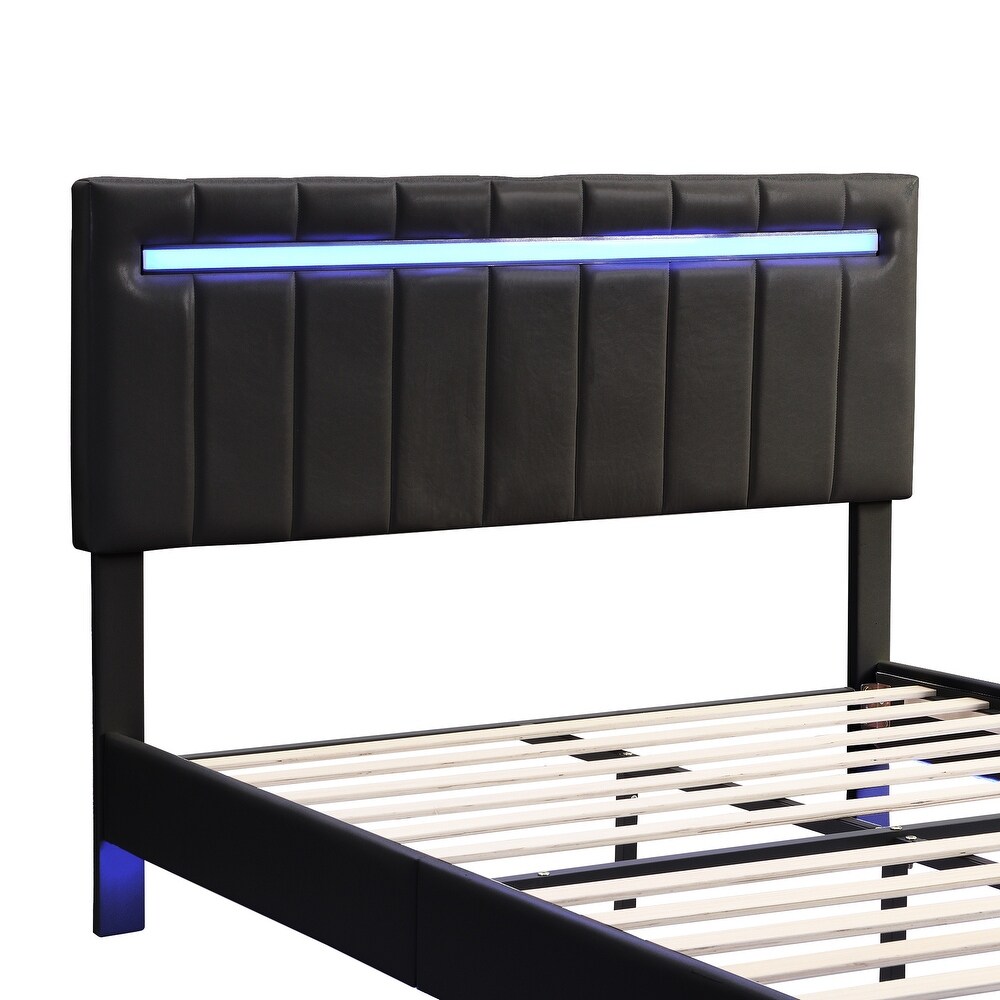 Floating Bed Frame with LED Lights and USB Charging Modern Upholstered Platform LED Bed Frame