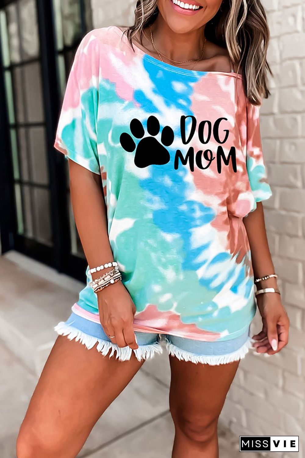 Dog Paw and MOM Print Graphic Tees for Women Wholesale Short Sleeve T shirts Top